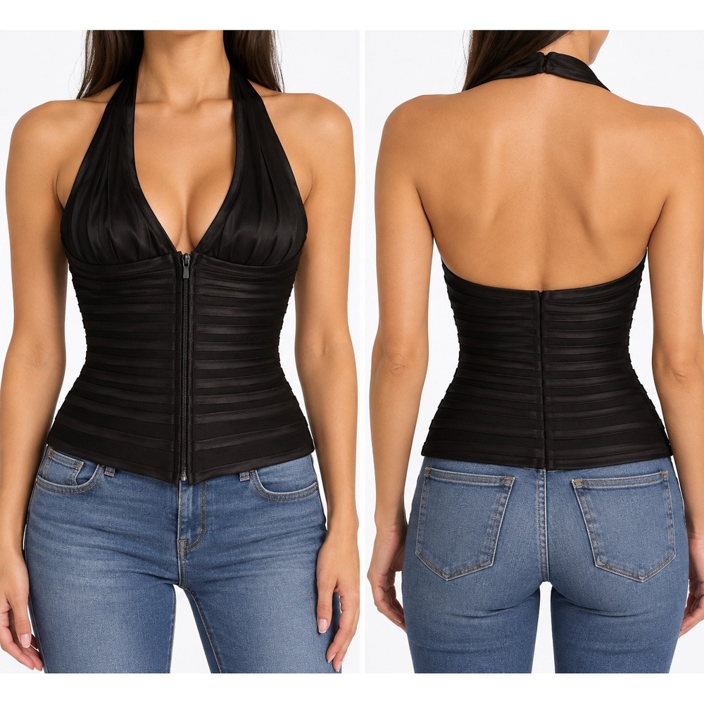 Cache Black Halter Bandage Corset Top Satin Ribbon Zip Back Rhinestone Size 4